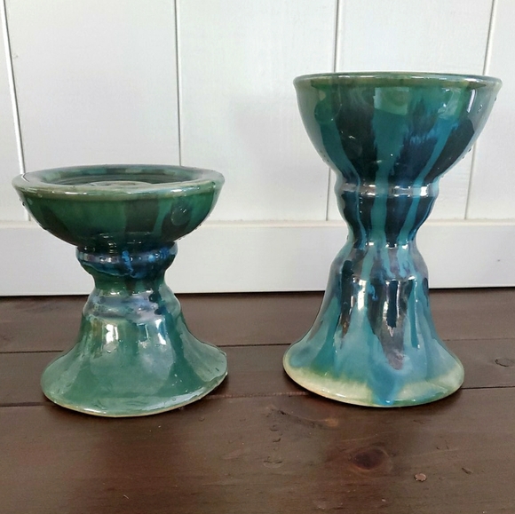 unknown Other - Stoneware Blue Green 7 & 5 " Pillar Candle Holders